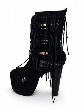 Fringe Suede Platform High Heel Boots - Black 11US
